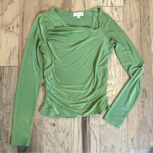 London Rose Ruched Green Long Sleeve Top w/ Asymmetrical Neckline, size S